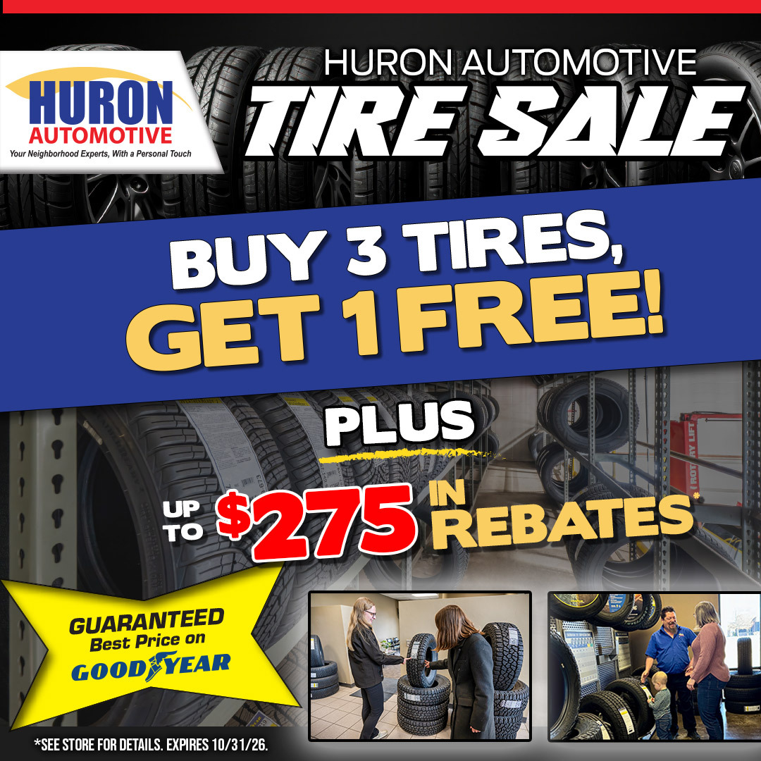 Buy 3 tires get 1 free in Green Bay during Huron Automotive's October tire sale